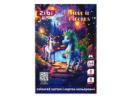 Картон кольоровий ZIBI 8 аркушів двосторонній (целюлозний) UNICORN, А4, 8 кол., 215 г/м2, KIDS Line ZB.1959-07