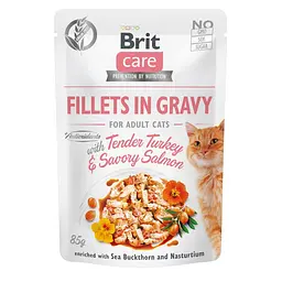 Вологий корм Brit Care Cat Pouch для котів, філе в соусі, ніжна індичка і пікантний лосось 85 г (арт.100528/0501)