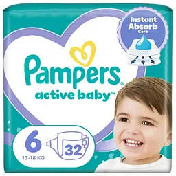 Дитячi одноразові пiдгузники Pampers Active Baby розмір 6 (13-18 кг) 32 шт.