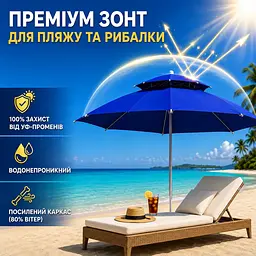 Синя Садова парасолька з подвійним куполом 220см / Пляжна двоярусна парасолька з регульованою висотою - мініатюра 6