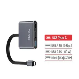 Концентратор ColorWay USB-C 3-in-1 USB 3.0 + HDMI 4K + USB-C PD100W (CW-HUB08) - мініатюра 5