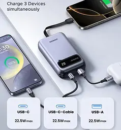 Повербанк Ugreen PB525 20000 mAh 22.5 Вт з вбудованим кабелем Type-C швидкою наскрізною зарядкою та LED дисплеєм - мініатюра 5