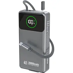 УМБ Dudao 20000mAh K31 Pro 45W PD,QC USB-A,USB-C In/Out,with built-in USB-C/Lightning cables Gray