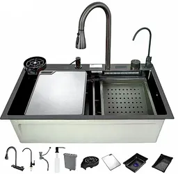 Кухонна мийка з нержавіючої сталі Zerix ZH7546-SET-07 Micro Decor Graphite з вбудованим змішувачем ZM5591, Графит - мініатюра 2