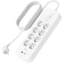 Підовжувач-фільтр Belkin мережевий 8хТип F, 3x1.5 мм кв, 16 А, USB-A/USB-C 18 Вт, з захистом від перенапруги, 2 м, білий