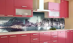 Вініловий кухонний фартух Місто по горою наклейка для кухні ПВХ хмарочоси вогні Блакитний Happy Pocket Z181428 - мініатюра 3