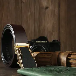Ремінь чоловічий із золотистою пряжкою автомат 20323 Vintage коричневий 105-120 см - мініатюра 7