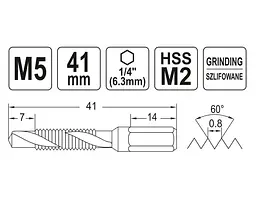 Свердло-мітчик Yato М5х0.8 мм HSS М2 HEX-1/4 l=41/7 мм (YT-44842) - мініатюра 4