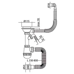 Сифон для кухонної мийки Mixxus SK-06-Bl з пластиковою сіткою, відведенням для пральної машини та гнучким круглим переливом 3 1/2"×40 MI8196 - мініатюра 2