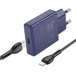 Мережевий зарядний пристрій Hoco N44 Type-C PD 30W + кабель Type-C to Lightning titanium синій - мініатюра 2
