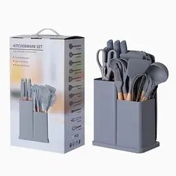 Набір кухонного приладдя Kitchenware Set 19 предметів, силіконовий, з дерев’яними ручками, сірий