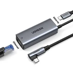 Мережевий адаптер із наскрізним заряджанням UGREEN CM255 з кабелем 1 м мережева карта Ethernet USB-C на RJ45 до 1000 Мбіт/с вхід живлення USB-C PD 3.0 до 100 Вт для заряджання пристроїв із підтримкою PD для 100 Вт потрібен зарядний пристрій 20 В 5 А з підключенням до входу USB-C кутовий штекер USB-C без встановлення драйверів сірий (65729)