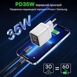 Мережевий зарядний пристрій Choetech PD6052 PD35W GAN A+C White (43-00128) - мініатюра 4