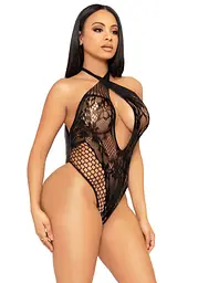 Мереживне тедді Leg Avenue Lace and net halter teddy One size Black, глибокий виріз, халтер - мініатюра 4