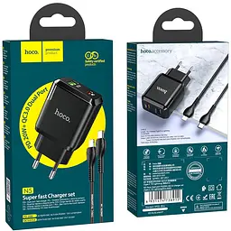 Мережевий зарядний пристрій Hoco 1USB + Type-C N5 PD20W+QC3.0 3A Black + Cable Type-C to Lightning - мініатюра 2