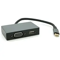 Хаб Voltronic Type-C(тато) пластиковий, HDMI(мама)+VGA(мама)+USB3.0(мама)+PD(мама), 23cm, Silver