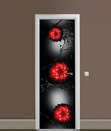 3Д наклейка на холодильник Червоні квіти Вода вінілова бризки на чорному тлі 60х180 см Happy Pocket Z182183 - мініатюра 2