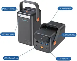 УМБ Choetech 50000mAh, PD3.0 65W USB-C, QC3.0, 3хUSB-A 18W, mirco USB, Li-pol LED Light, чорна - мініатюра 4