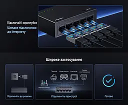 Некерований Ethernet-комутатор UGREEN CM833 5 портів RJ45 10/100/1000 Мбіт/с на кожному порту Кожен порт може бути висхідним або низхідним Plug and Play Настінне кріплення Безвентиляторна конструкція Чорний (35492EU) - мініатюра 7