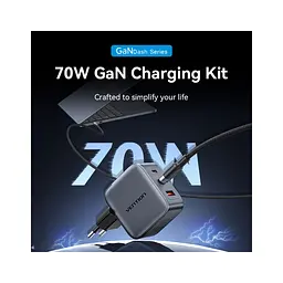 Зарядний пристрій Vention 2xUSB-C PD 70 Вт + 1xUSB QC 3.0 22.5 Вт GaN + кабель USB-C — USB-C 1.0 м чорно-сірий (TZ-FEXH0-EU) - мініатюра 5