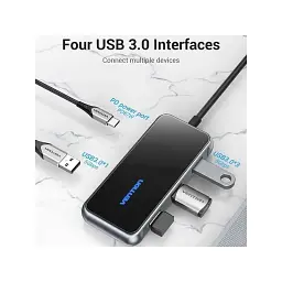 Концентратор Vention 5 в 1 Type-C-USB-PD 4USB 3.0 87W 4K 30Hz 0.15m Black (TFDHB) - мініатюра 2