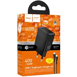 Мережевний зарядний пристрій Hoco CS113A Lounge PD40W 1USB-C + кабель Type-C to Type-C Black - мініатюра 3