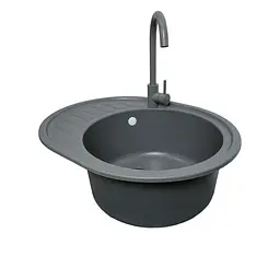 Adamant Мийка кухонная Ovum, штучний камінь, овальна, з крилом, 615х495х200мм, чаша - 1, врізна, сірий + змішувач - мініатюра 3