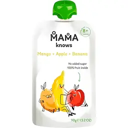 Упаковка пюре Mama knows з манго, яблук та бананів без цукру 900 г (90 г х 10 шт.) - мініатюра 2