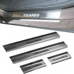 Накладки на пороги для Volkswagen Touareg II 2010-2018 Нержавіюча сталь із загином та Логотипом 4 шт (Premium P-VW31)