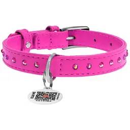Нашийник для собак Waudog Glamour, шкіряний, зі стразами, з QR паспортом, M, 27-36х1,5 см, рожевий