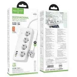 Мережевий подовжувач Hoco AC22 Sunlight 4-bit (PD30W/1C3A) Desktop Socket White - мініатюра 6