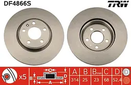 Диск гальмівний вентильований Audi A5, A4 B9, A4 B8 07-25р TRW (DF4866S)