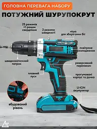 Акумуляторний дриль-шурупокрут 1350 об/хв з набором інструментів 49 предметів + кейс, чорно-блакитний (2375312871) - мініатюра 5