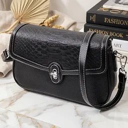 Елегантна сумка жіноча з фактурним клапаном з натуральної шкіри Vintage 22624 чорна