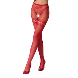 Сітчасті колготки з відкритим доступом Passion S015 One Size, Red, імітація панчіх і трусиків - мініатюра 1