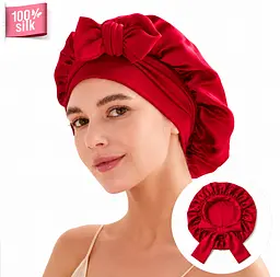 Двошарова шовкова жіноча шапка для сну великого розміру MaryuPHair 100% шовк мульбері з регульованою гумкою та бантом (червоний)