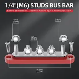 Розподільчий блок з шиною Bus Bar з 5-ю шпильками М6 для з'єднання кабелів 150А, 48 VDC/300VAC, червоний (101168-1) - мініатюра 4
