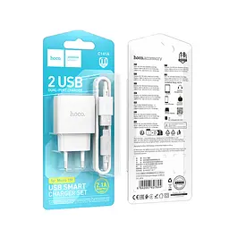 Мережевий зарядний пристрій з кабелем Hoco C141A Smart dual-port charger set(Micro) білий - мініатюра 2