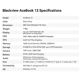 Ноутбук Blackview Acebook 12, Alder Lake i5-12450H, 16GB DDR4 512GB, 44GHz, Windows 11 Pro, 5000mAh, +, HDMI 2.0 - мініатюра 12