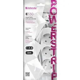 Мережевий подовжувач Power filtr 3.0м Defender E330, білий, 3 розетки, з заземленням - мініатюра 4