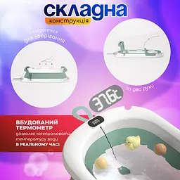 Ванночка дитяча складна з матрациком для для купання, з термометром, та зливом, для новороджених та немовлят від 0 до 2.5р. (біло-зелена сolombokid) - мініатюра 3