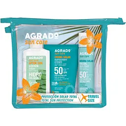Набор Agrado Защита от солнца SPF 50: Лосьон после загара 100 мл + Солнцезащитный крем 100 мл + Мист для лица 75 мл