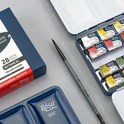 Набір акварельних фарб з пензлем BOTANICAL 28×2.5 мл кювета Індіго металевий пенал Rosa Gallery - мініатюра 6