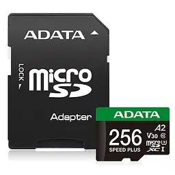 Карта пам'яті microSDXC (UHS-1 U3) A-DATA SPEED PLUS 256Gb Class 10 V30 A2 (R-180Mb/s W160Mb/s) (adapter SD)