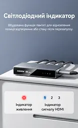 Перемикач HDMI Vention 3 входи на 1 вихід 8K 60 Гц та 4K 144 Гц/120 Гц потрібне живлення через USB-C 5 В 1 А з ІЧ-пультом сірий (AKRH0) - мініатюра 9