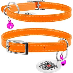 Нашийник для котів Waudog Glamour шкіряний з еластичною вставкою та QR паспортом 22-30х0.9 см помаранчевий - мініатюра 3