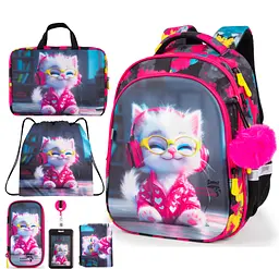 Ортопедичний шкільний рюкзак 6 в 1 для дівчинки School Standard 38х30х18 см з Котиком в 1 клас (SET 150-31)