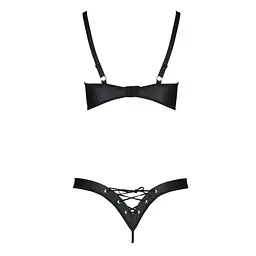 Комплект з екошкіри Passion CELINE BIKINI 4XL/5XL black, відкритий бра, стрінги зі шнурівкою - мініатюра 4