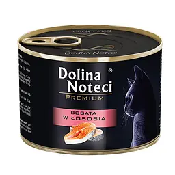 Вологий корм для котів Dolina Noteci Premium м'ясні шматочки в соусі з лососем банка 185 г