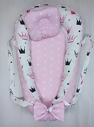 Позиціонер для новонародженого кокон, babynest з ручками, зі знімним дном + подушка BST Корона Рожева